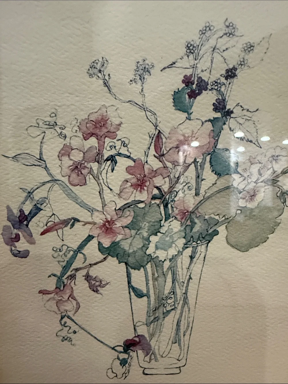 Bamboo frame floral water color Print with Pink Mat  vintage 8.5x11